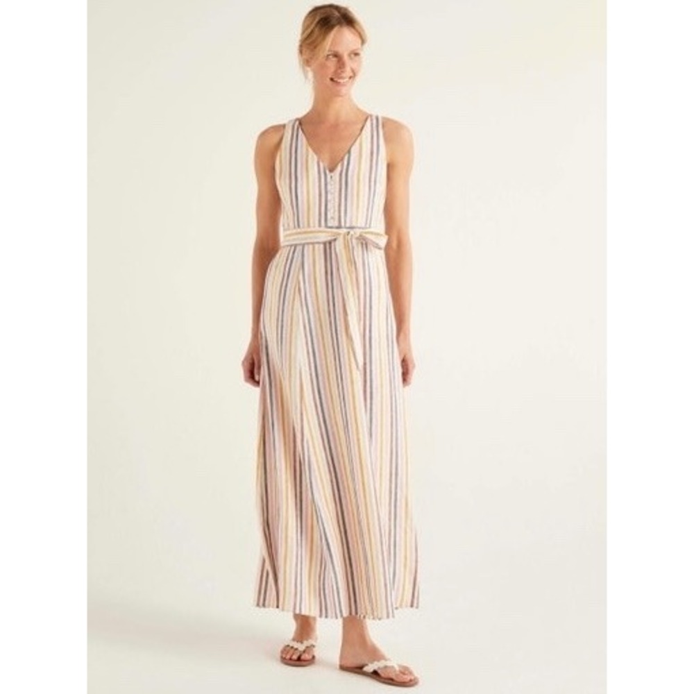 BODEN Livia Linen striped sleeveless Maxi Dress Size 2P petite earthy neutral